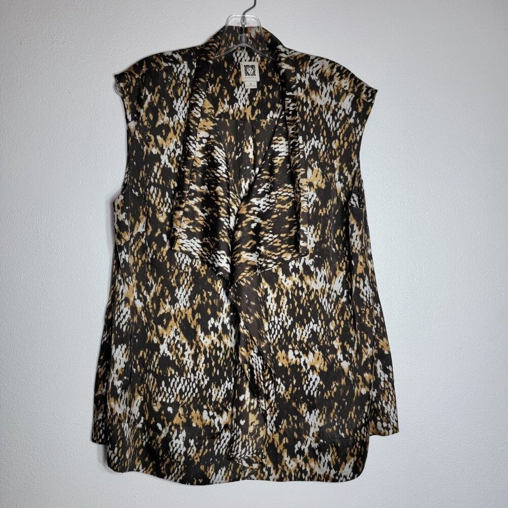 Anne Klein Sleeveless Blouse Plus Size 1X Brown Ruffle Button‎ Up Silky Top